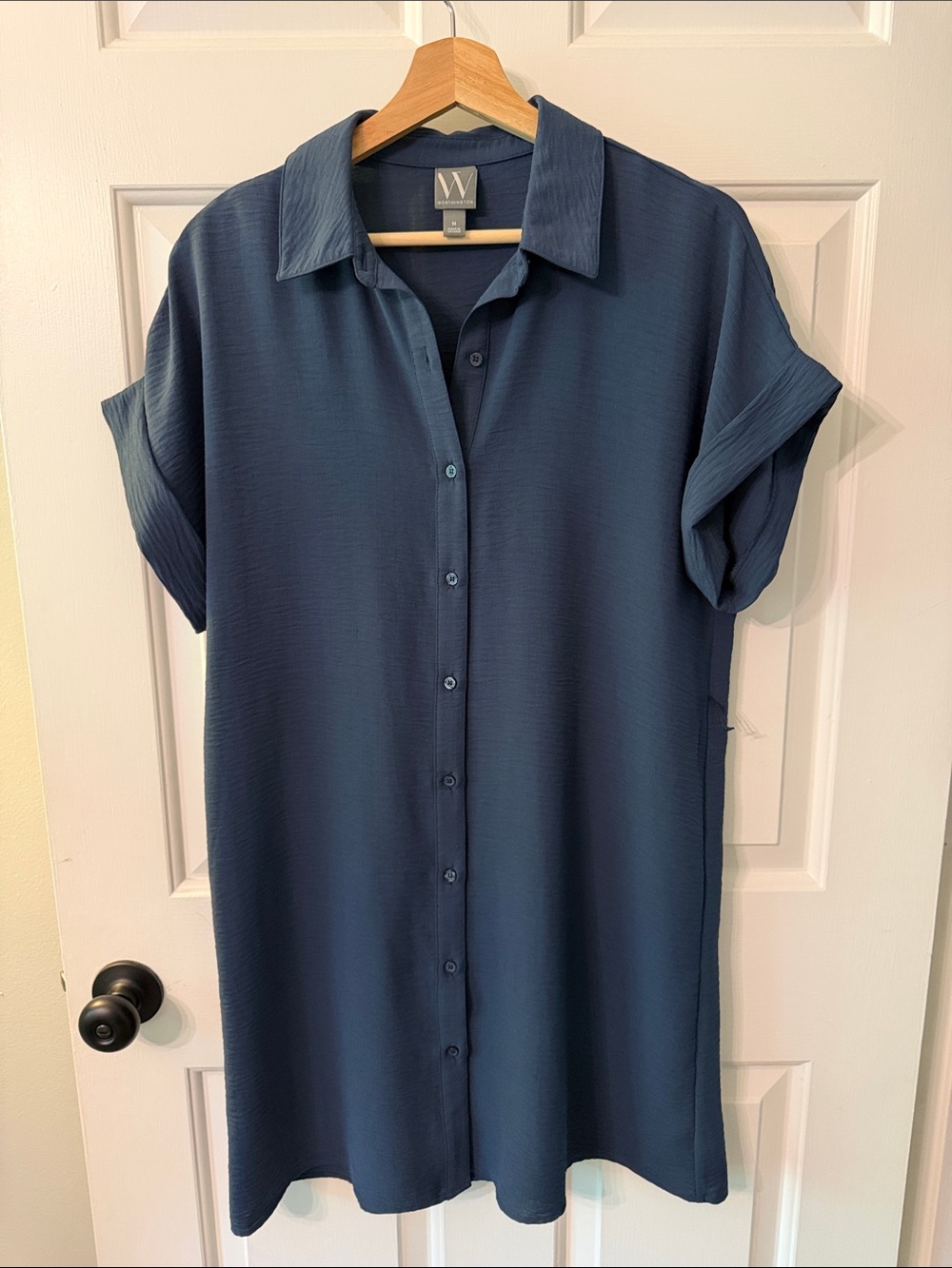 Worthington Navy Short-Sleeve Button Front Shirt Dress
